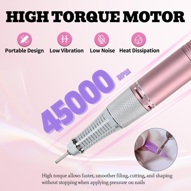 Professional Nail Drill - 45000RPM Electric Portable Efile Kit with 7 Bits | Cordless for Acrylic & Poly Gel Nails (Rose Pink)