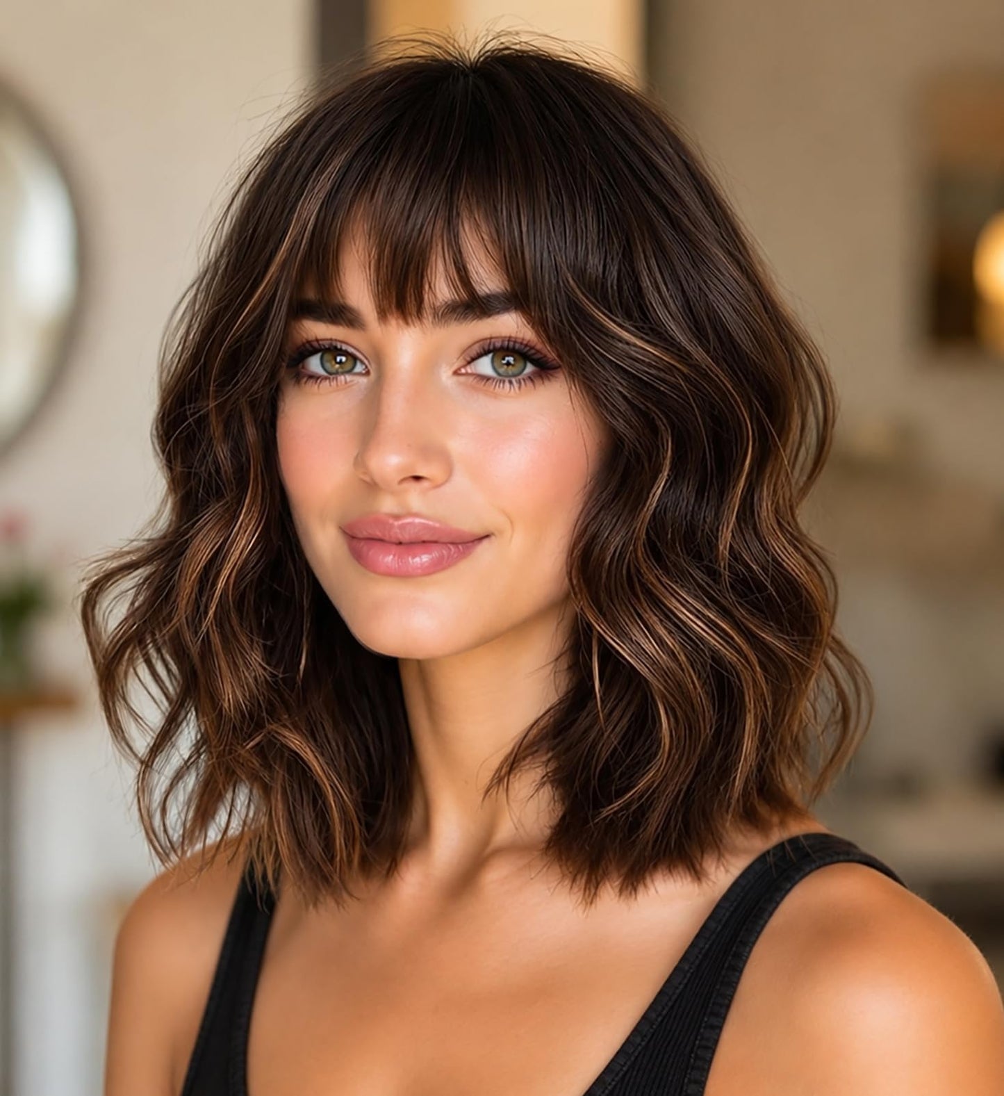ENTRANCED STYLES Short Curly Wavy Wigs with Bangs Brown Highlight Wigs for Women Shoulder Length 14inch Bob Wigs Synthetic Heat Resistant Hair for Daily Party Use