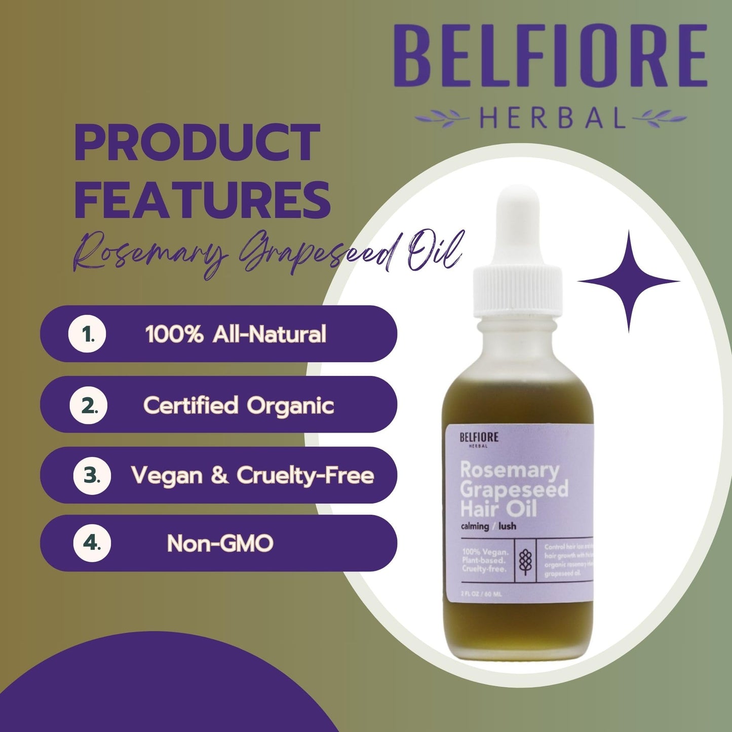 Belfiore Herbal Organic Rosemary Grapeseed Oil, 100% Natural Hair Growth, Vitamins & Essential Oils Protects Strengthens, Cruelty-Free, 2oz