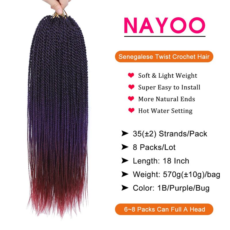 NAYOO Purple Crochet Hair Senegalese Twist, 18 Inch 8 Packs Small Crochet Hair for Black Women, 35 Strands/Pack Crochet Twist for Black Women, Twist Crochet Hair Extensions for Protective Styles