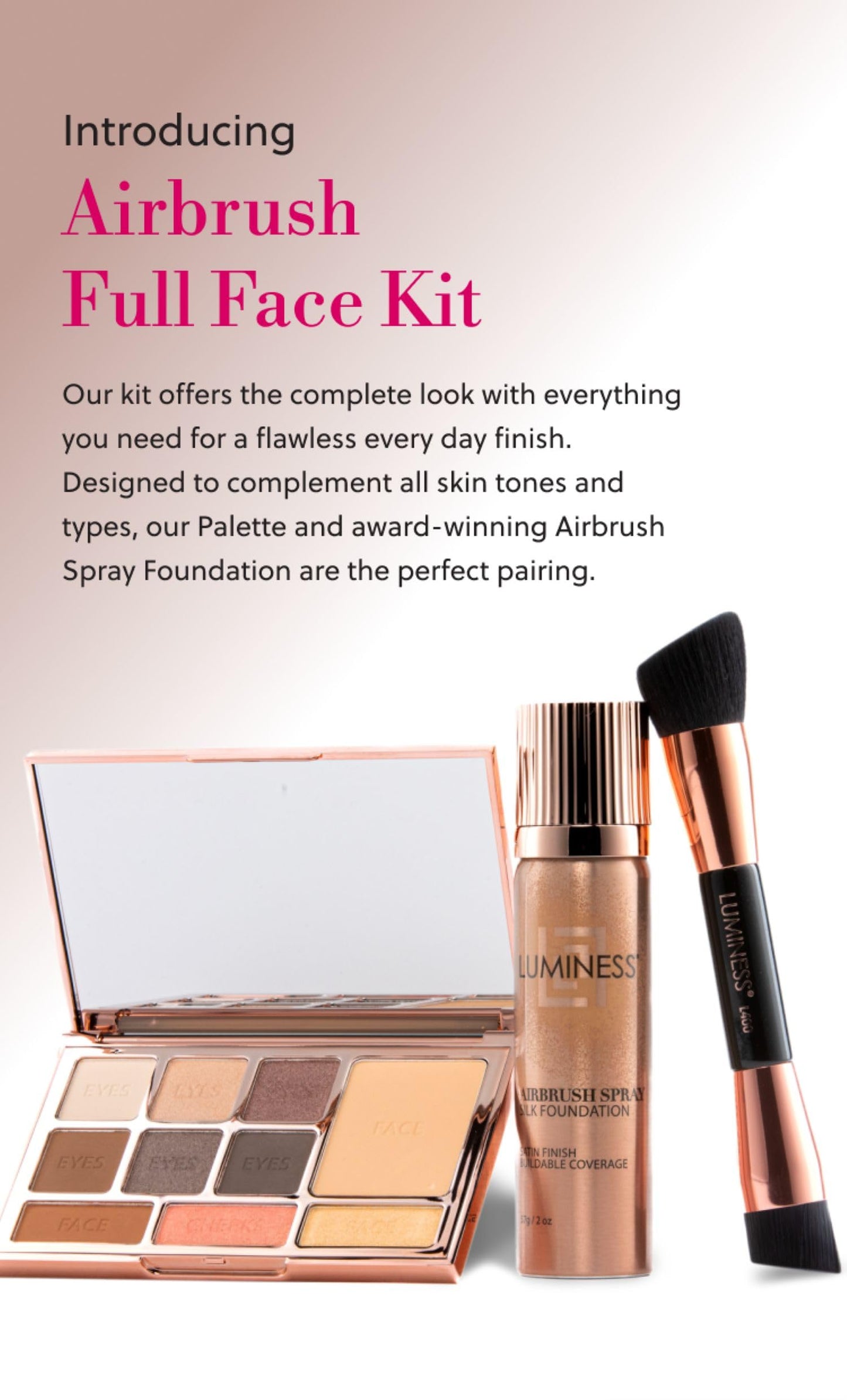 LUMINESS Face Time All In One Makeup Kit - Includes Face Palette, Airbrush Foundation, and Makeup Brush - Long-Wearing, Silky, Soft, Easy to Blend, 3-PC Make Up Set (03 - Light Medium)
