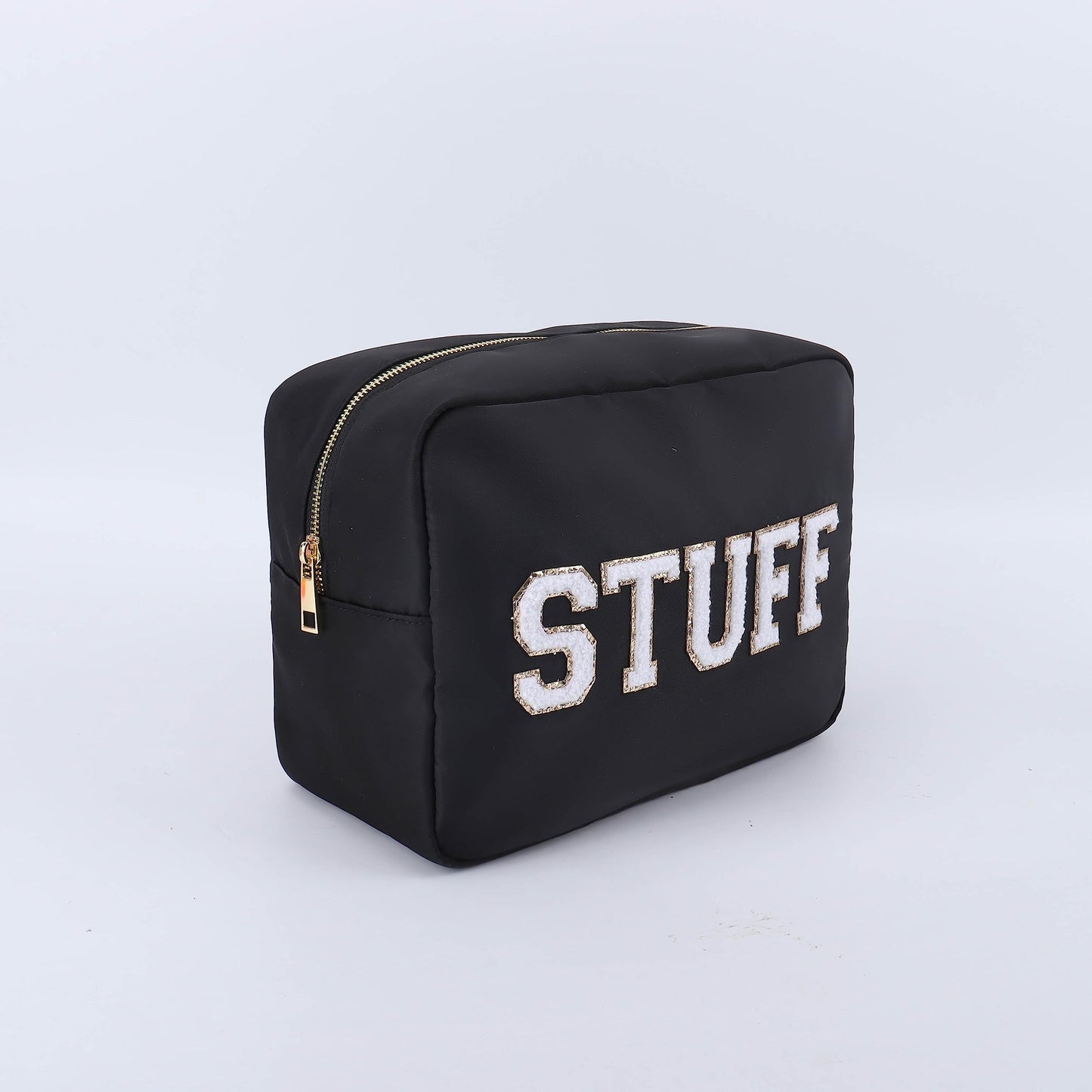 SkyTen Chenille Letter Make Up Bag Nylon Cosmetic Case Stuff Glam Stoney Clover Dupe Travel Organizer (Black, XL)