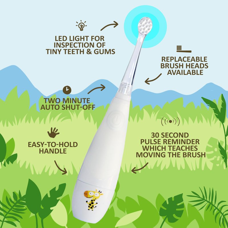 Jack N' Jill Tickle Tooth Sonic Toothbrush - Kids Electric Toothbrush, Gentle Teeth Cleaning, for Babies & Toddlers Ages 0-3, LED Inspection Light, Extra Soft Bristles - 1 Pack + Replacement Heads