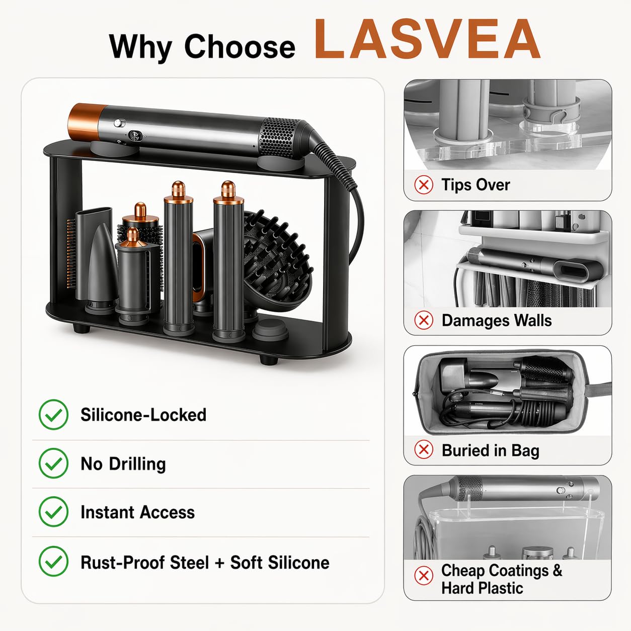 Lasvea Holder for Dyson Airwrap Attachments| 8 Holes Metal Storage Rack with Protective Silicone Pad | Countertop Organizer for Dyson Diffuser Accessories & Curling Iron with Self-Adhesive Hook, Black
