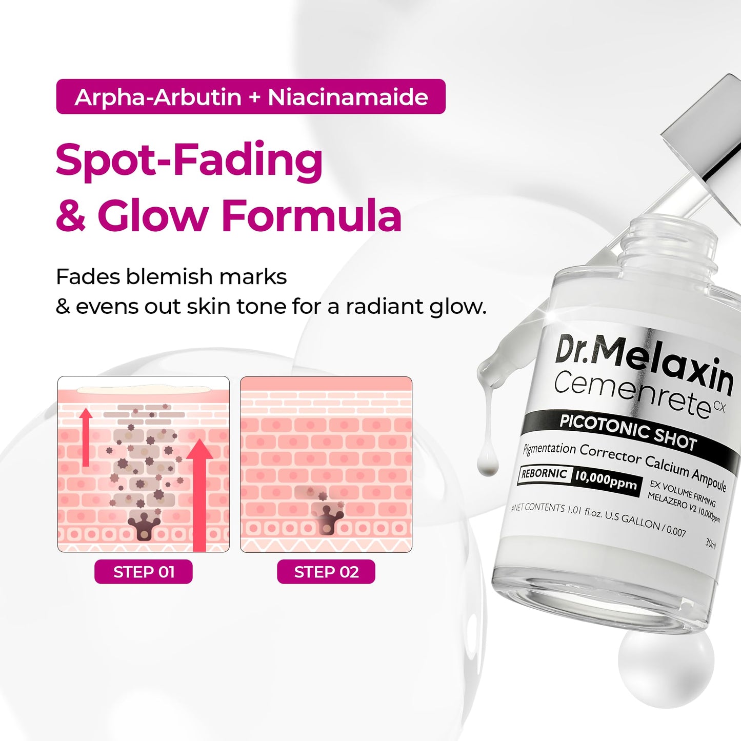 Dr.Melaxin Picotonic Shot Serum 1.01 fl.oz - Alpha-Arbutin and Niacinamide Dark Spot Corrector Serum, Pigmentation Corrector for Uneven Skin Tone, Blemish Marks, K-Beauty Face Serum