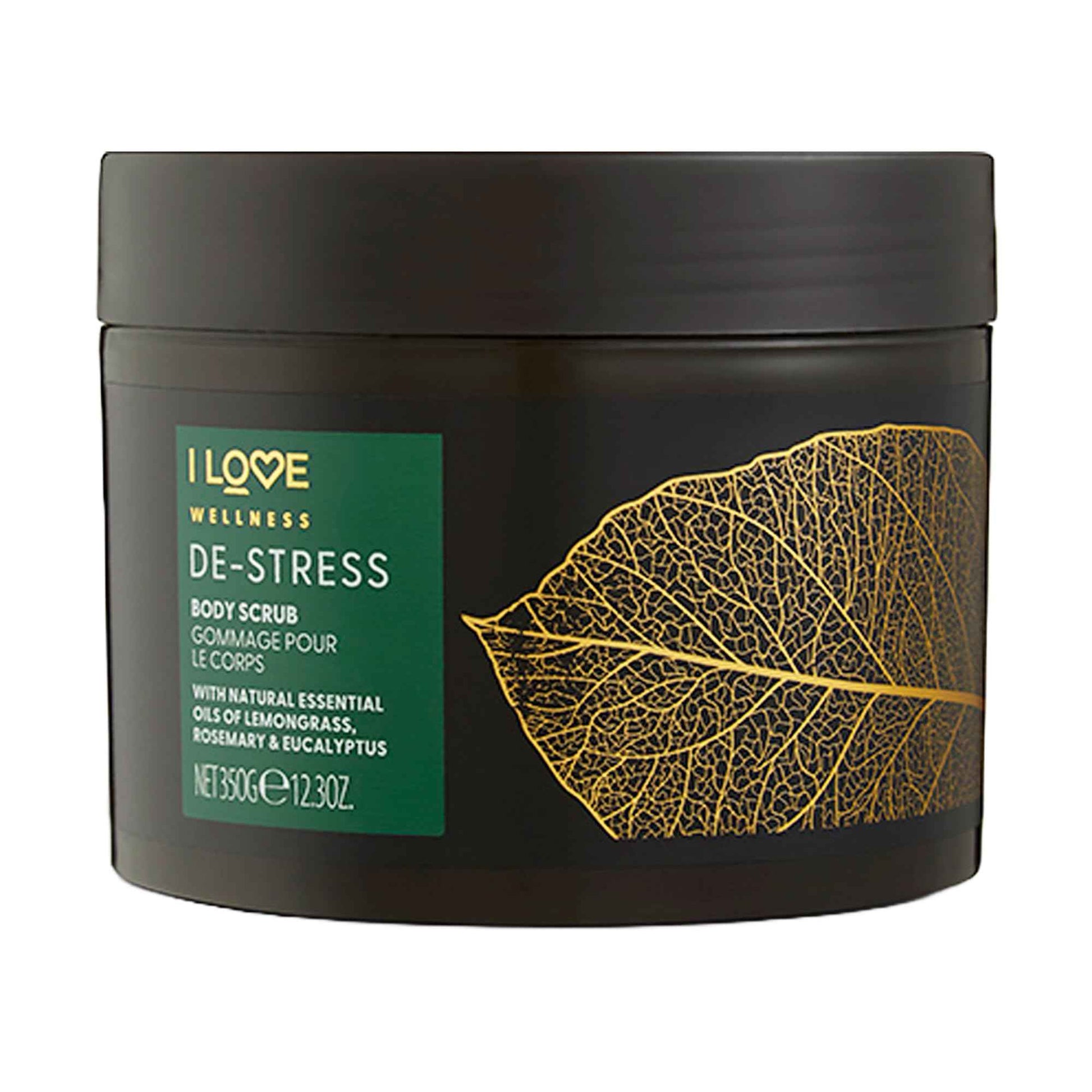 I LOVE Wellness De-Stress Body Scrub - Exfoliating Body Scrub - Sea Salt Shower Scrub - Lemongrass and Eucalyptus Scent with Coconut Oil - 12.3 oz