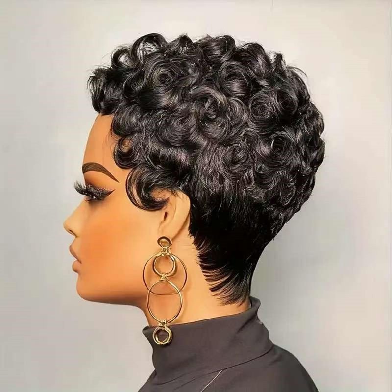 Nigteye Pixie Cut Wigs for Black Women Short Layered Pixie Human Hair Wigs With Bangs Natural Black Color Glueless Short Curly Human Hair Wig Full Machine Made