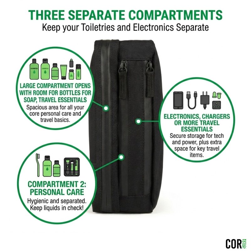 COR Surf Compact Toiletry Travel Bag Hanging, Premium Mens and Women Dopp Kit for Travel | Waterproof with 4 Separate Compartments and Waterproof Zippers (Black)