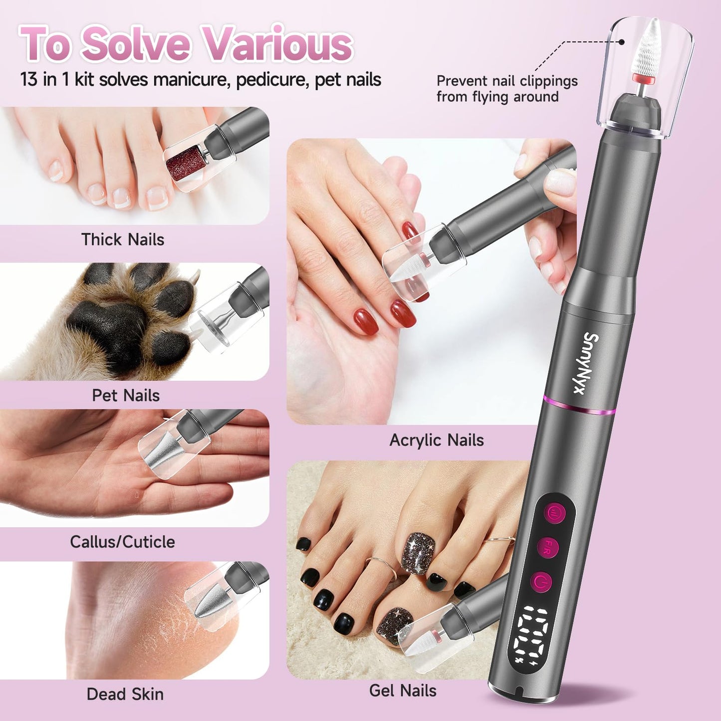 SnnyNyx Cordless Electric Nail Drill 35000 RPM, Professional Nail File Kit with LCD Display, 12 Bits & 36 Sanding Bands, for Acrylic Gel Nails, Pet Claws, Salon & Home Use (Matte Gray)