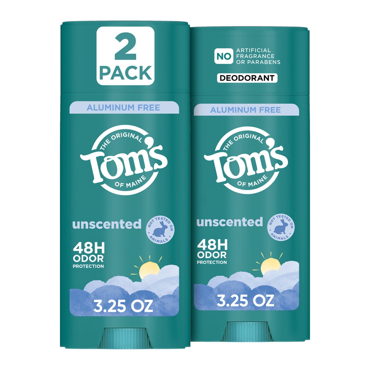 Tom’s of Maine Unscented Natural Deodorant, Aluminum Free, Clear Application, Odor & Wetness Protection, Naturally Derived Ingredients, 3.25 oz (2 Pack)