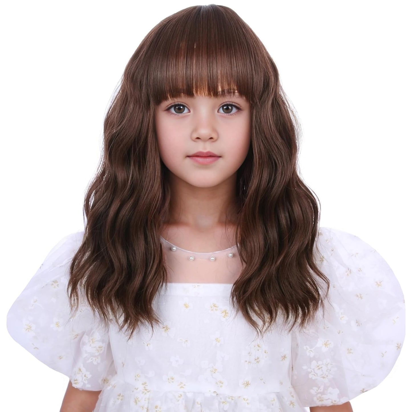 Short Chocolate Brown Wig for Kids - Heat-Resistant Synthetic Hair with Air Bangs