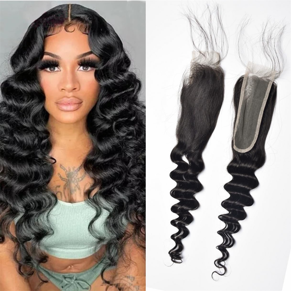 Brazilian Loose Deep 2x6 Lace Closure 100% Unprocessed Human Virgin Hair Pre Plucked Loose Deep Wave Pre-Plucked Hairline Frontal Closure Natural Black With Baby Hair (14inch, 2x6 loose deep closure)