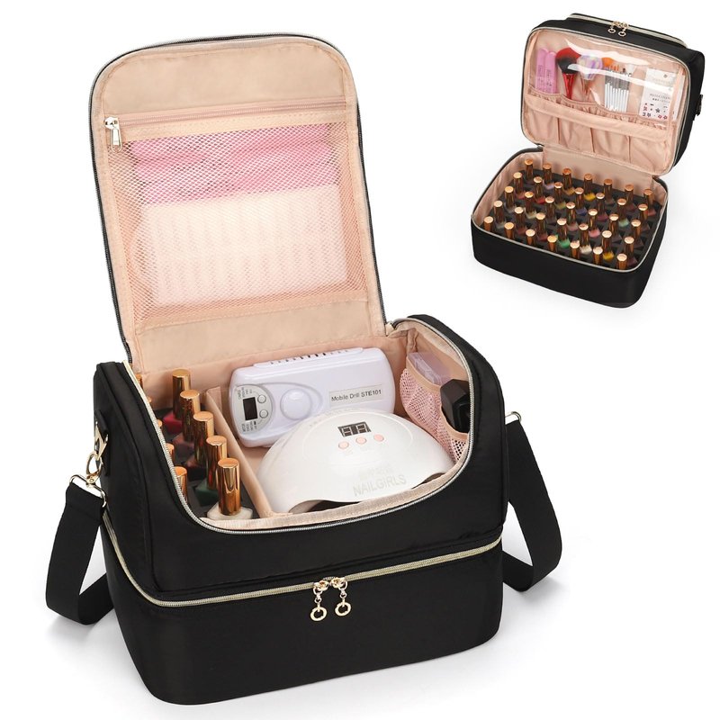CUBETASTIC Nail Polish Organizer, Cute Nail Tech Organizers And Storage Bag Holds 45 Bottles & UV Nail Lamp, Compact Double-Layer Travel Nail Supplies Case for Nail Kit (Triangle Black, 27 Slots)