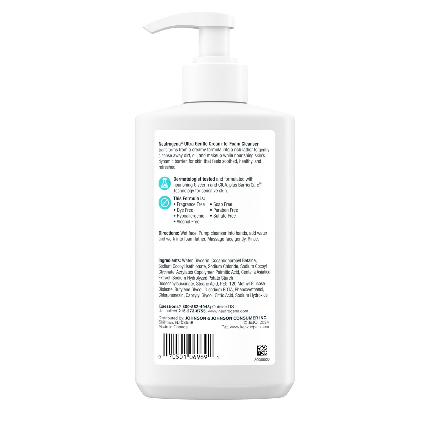 Neutrogena Ultra Gentle Cream to Foaming Face Wash for Sensitive Skin, Fragrance-Free Gentle Facial Cleanser, Hypoallergenic Skin Care, Non-Comedogenic Makeup Remover, 12 fl oz