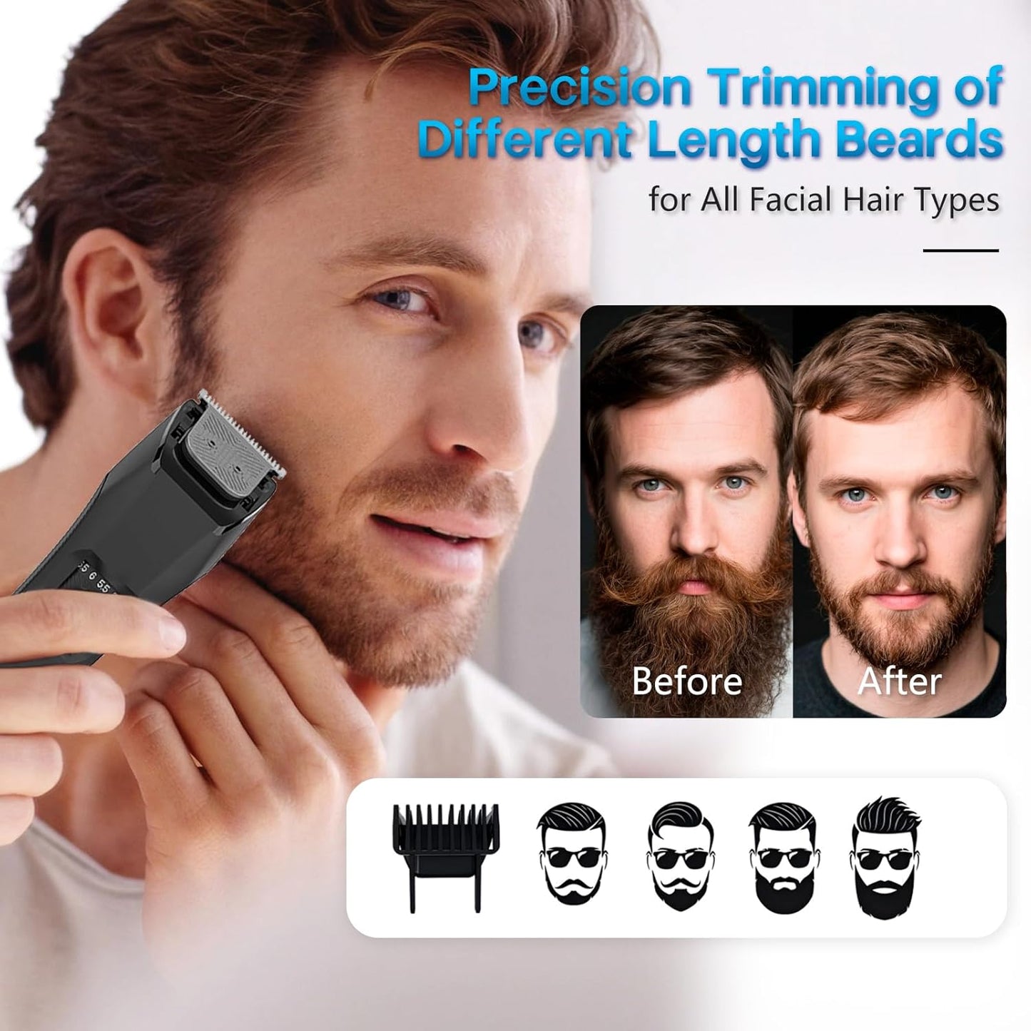 Beatslm Beard Trimmer for Men - Cordless Waterproof Clippers with Adjustable Length & Stainless Steel T-Blade | 2 Guide Combs, LED Display
