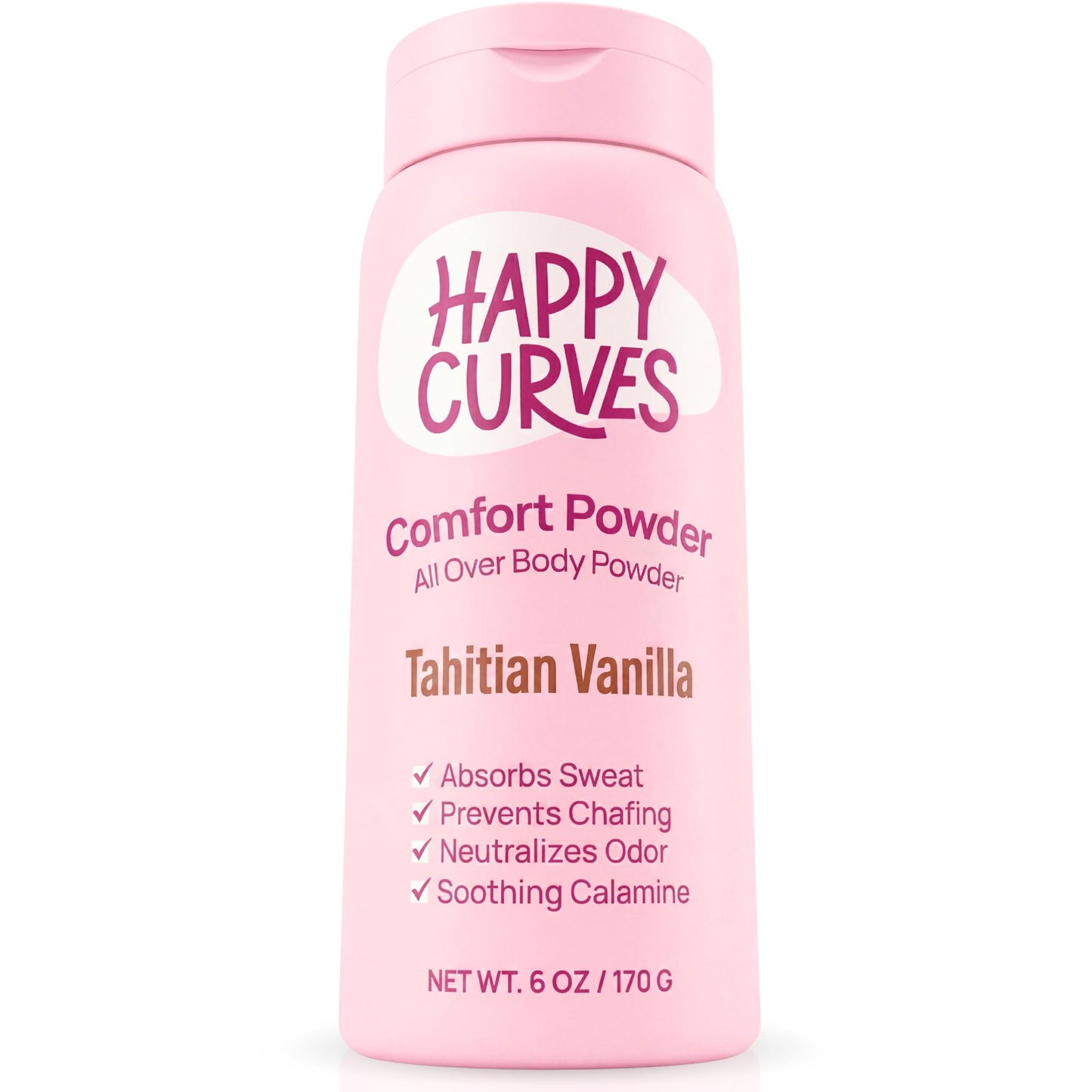 HAPPY CURVES Comfort Powder: Talc Free Anti Chafe Body & Foot Dusting Powder Deodorant for Inner Thigh Chafing, Private Areas, and All Over Body for Women 4oz (Pack of 1), Tahitian Vanilla