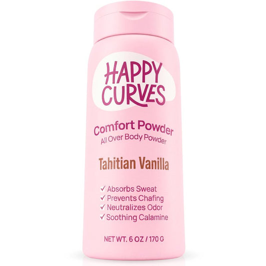 HAPPY CURVES Comfort Powder: Talc Free Anti Chafe Body & Foot Dusting Powder Deodorant for Inner Thigh Chafing, Private Areas, and All Over Body for Women 4oz (Pack of 1), Tahitian Vanilla