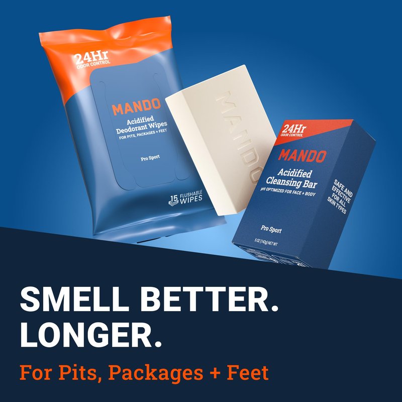 Mando Whole Body Starter Kit - 2.6oz Solid Stick, 3.6oz Spray, 1.5oz Acidified Body Wash, 5oz Acidified Cleansing Bar, 15ct Deodorant Wipes - Aluminum Free Odor Control - 5 Piece Bundle (Pro Sport)