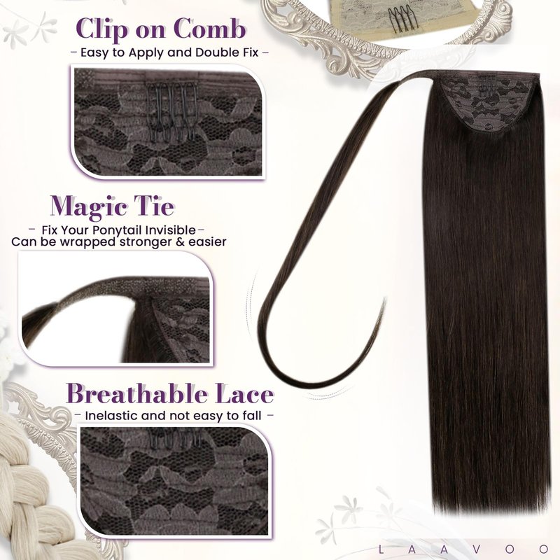 LaaVoo Ponytail Extension Human Hair Brown Ponytail Extensions for Women Darkest Brown Ponytail Hair Extension Real Human Hair Short Straight 12 Inch 75g