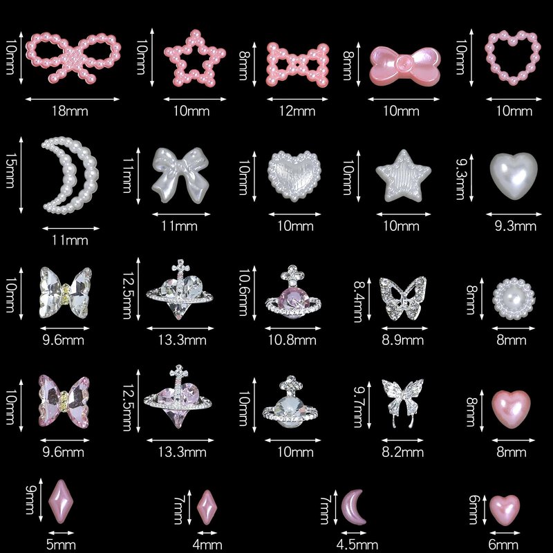 DZHILHMX Assorted Nail Charms - 3D Multi Shapes Size, Flat Back Rhinestones, Planet, Butterfly, White Pink Pearl, Bow, with Kit, for Nail Art