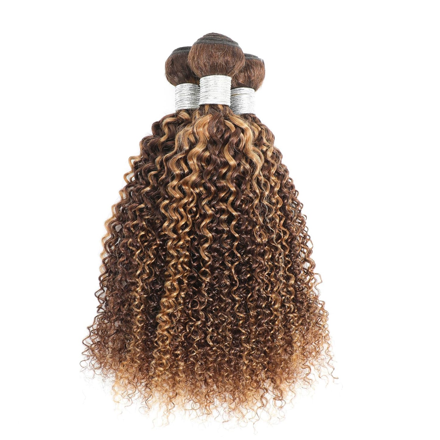 AUROO #P4/27 Highlighted Kinky Curly Single Bundles Human Hair 12Inch, 12A 100% Virgin Honey Blonde Highlight Brazilian Tight Curly Bundles Thick Track Brazilian Ombre Brown Colored Weaves Sew In Remy