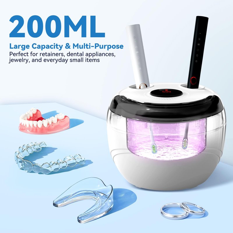 Hosoote Ultrasonic Retainer Cleaner Machine - 45kHz dental pod ultrasonic cleaner for retainers, Denture, Mouth Guard, Aligner, Braces - Denture cleaner machine with 4 Modes & Digital Timer
