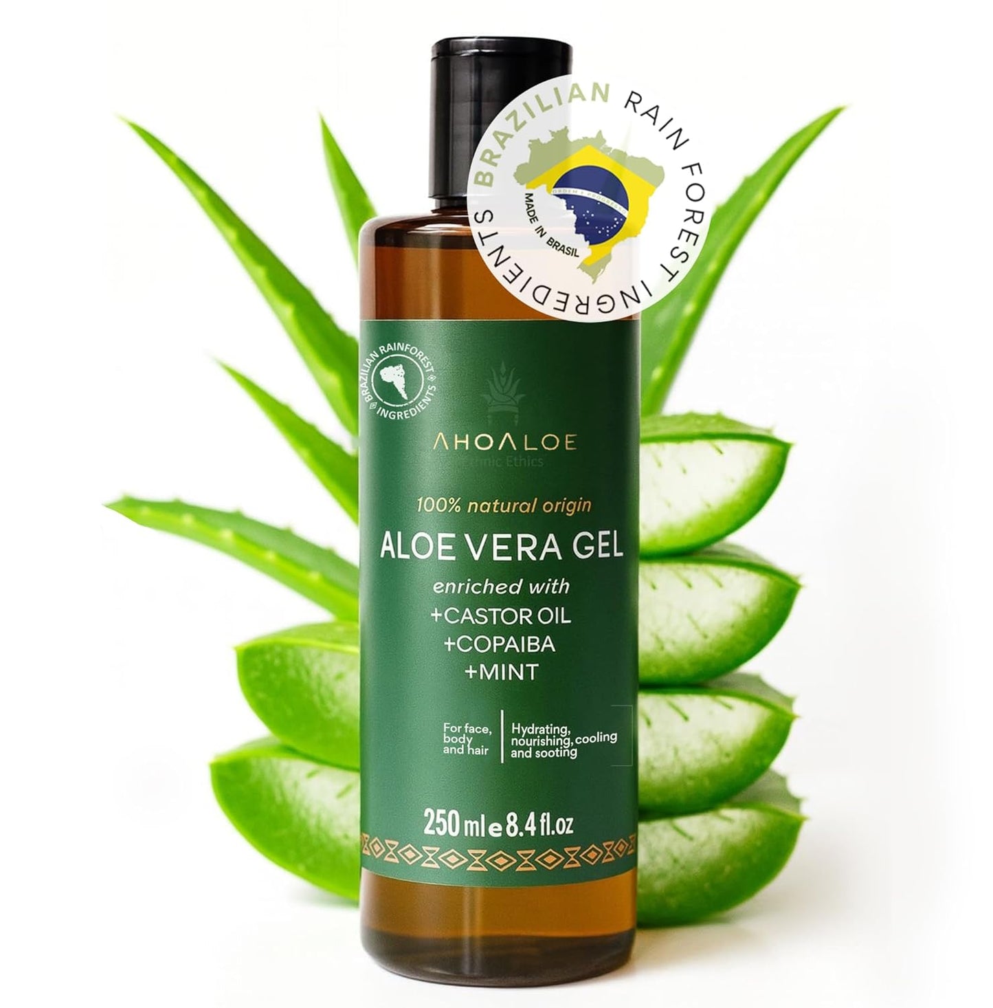 Brazilian Aloe Vera Gel - Moisturizing Natural Gel with Copaiba & Mint | 8.4oz for Face, Skin & Hair Care