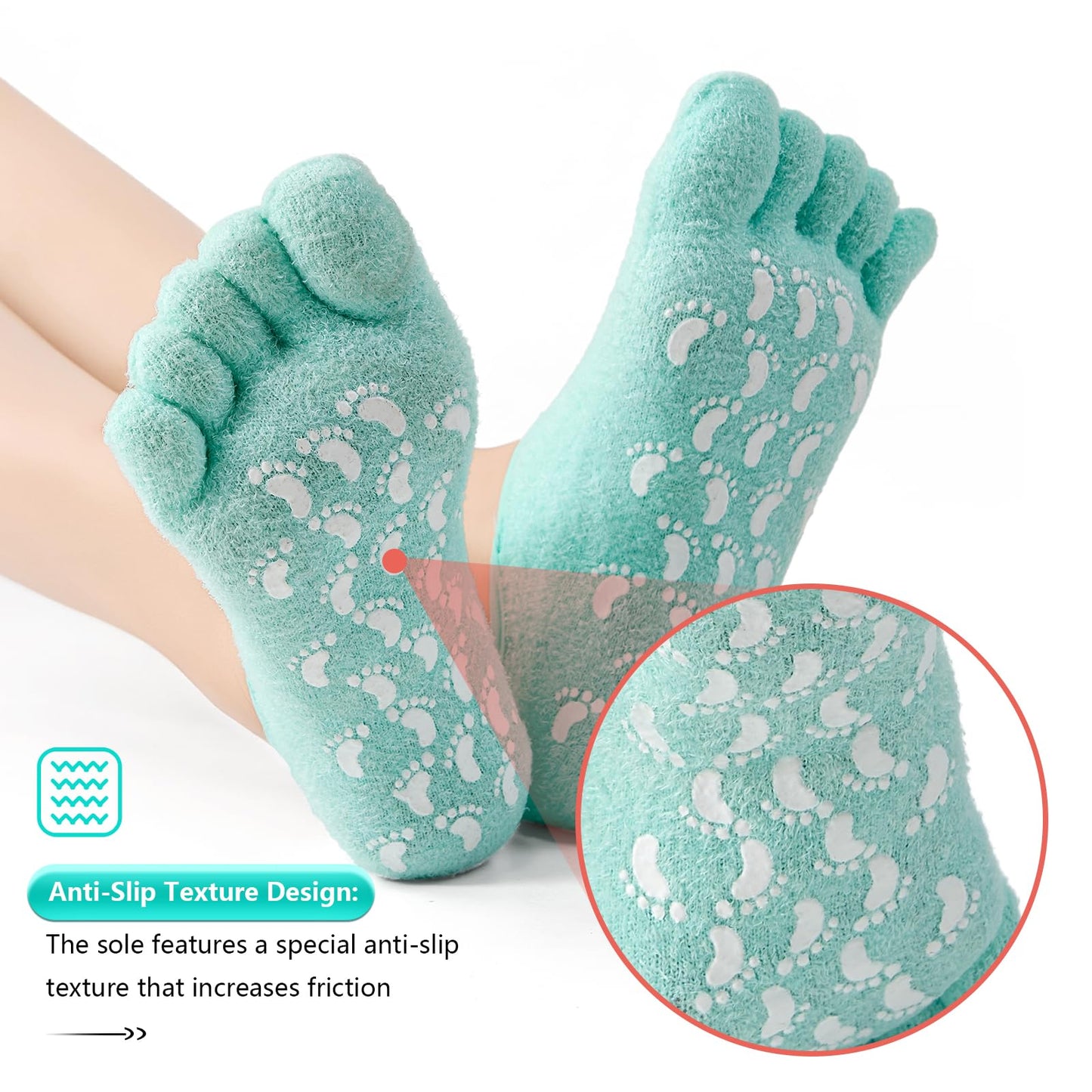 MoyRetty Moisturizing Silicone Gel Socks with 5-Toes, Dry Cracked Feet Treatment, gel socks for dry cracked feet women Lavender Oil Infused-Green