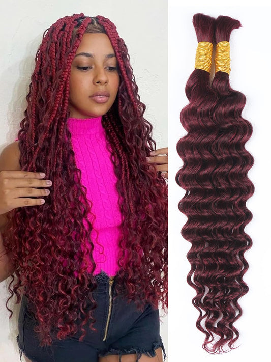 Burgundy Human Braiding Hair for Boho Braids 2 Bundles 20 Inch 100g 99J Deep Water Wave Bulk Human Hair for Braiding Wet and Wavy Curly Bundles No Weft Micro Braiding Hair Human Hair Extensions