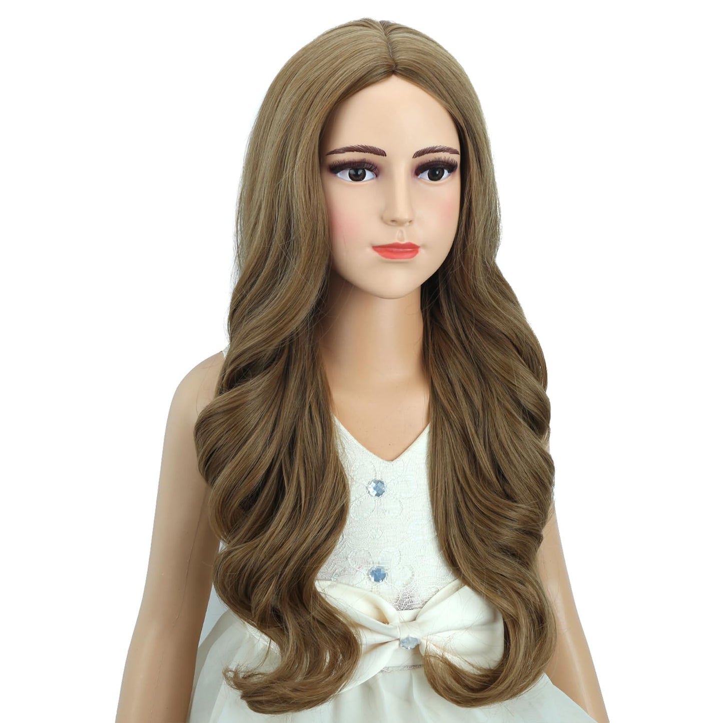 Edivd Ginger Wig for Kids Children Long Light Brown Wavy Curly Wig Girls Long Ginger Middle Part Wigs Heat Resistant Synthetic Wigs with Cap