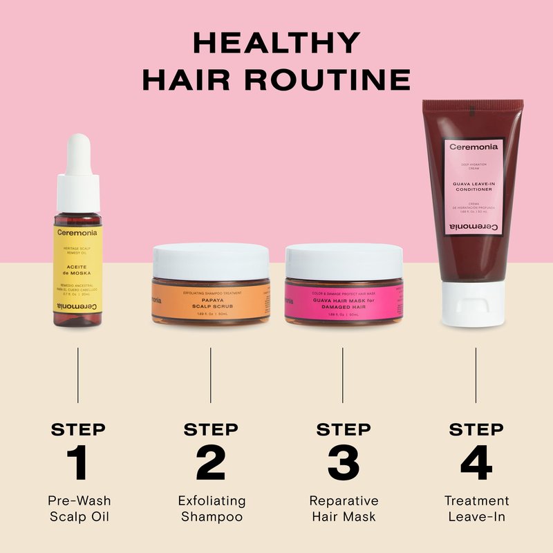 Ceremonia The Hair Wellness Kit | Weekly Deep Cleanse & Hydration Routine | 4 Piece Travel-Size Set Includes Scalp Oil, Shampoo Scrub, Hair Mask, Leave-In Conditioner