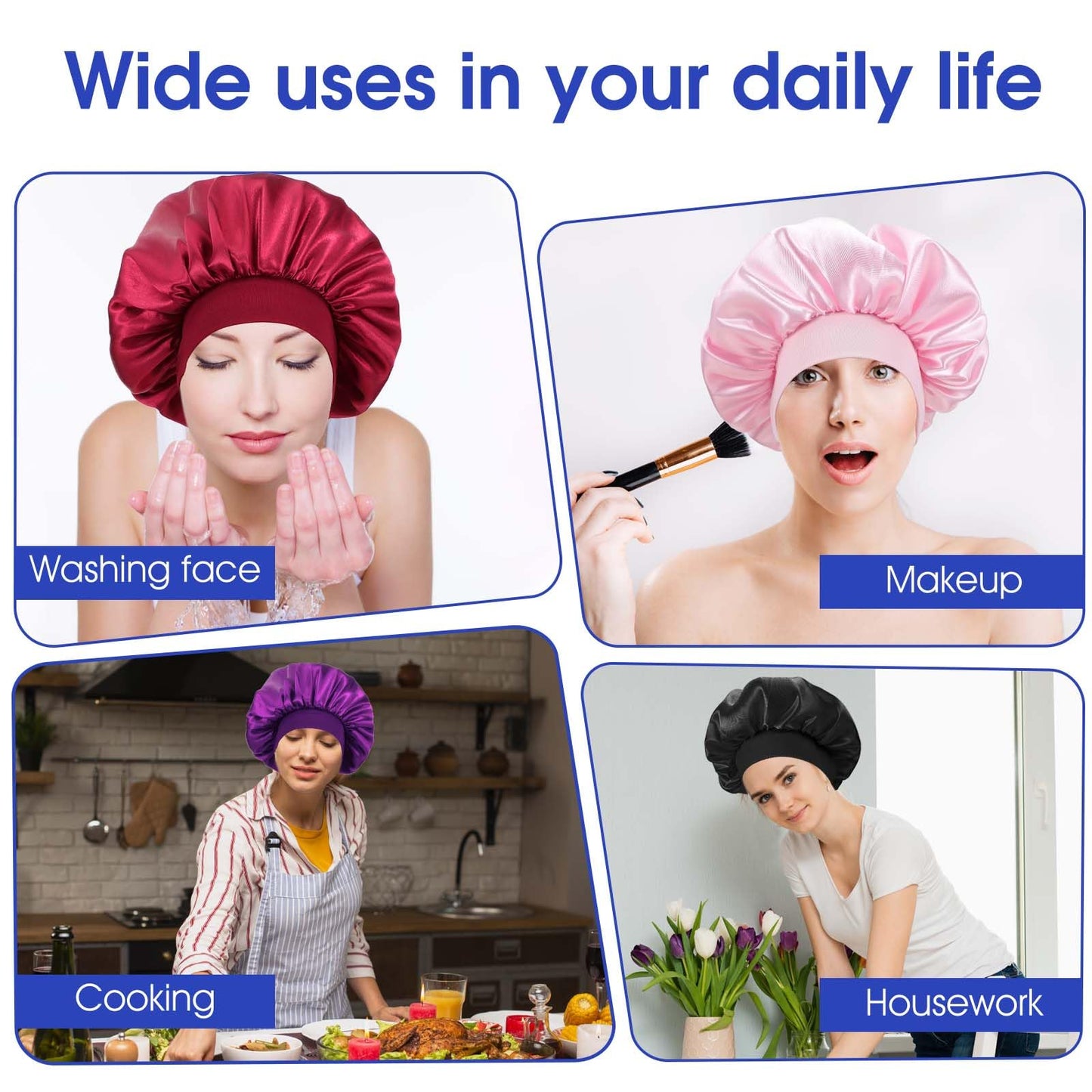 WLLHYF 18 Pcs Large Silk Bonnet for Sleeping, Satin Bonnets Wide Band Hair Bonnet Soft Elastic Hair Wrap Cap Silky Shower Cap for Black Women Men Curly Hairs