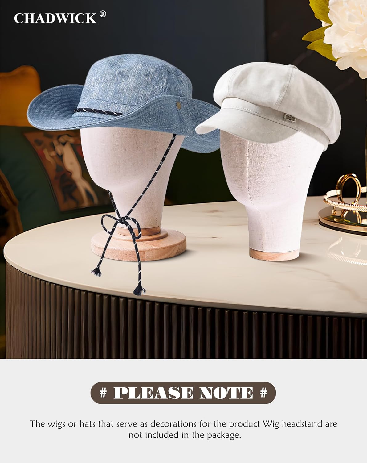 CHADWICK 21-Inch Wig Head Stand - Linen Mannequin Display for Wigs, Hats & Headdresses | Detachable Wooden Base