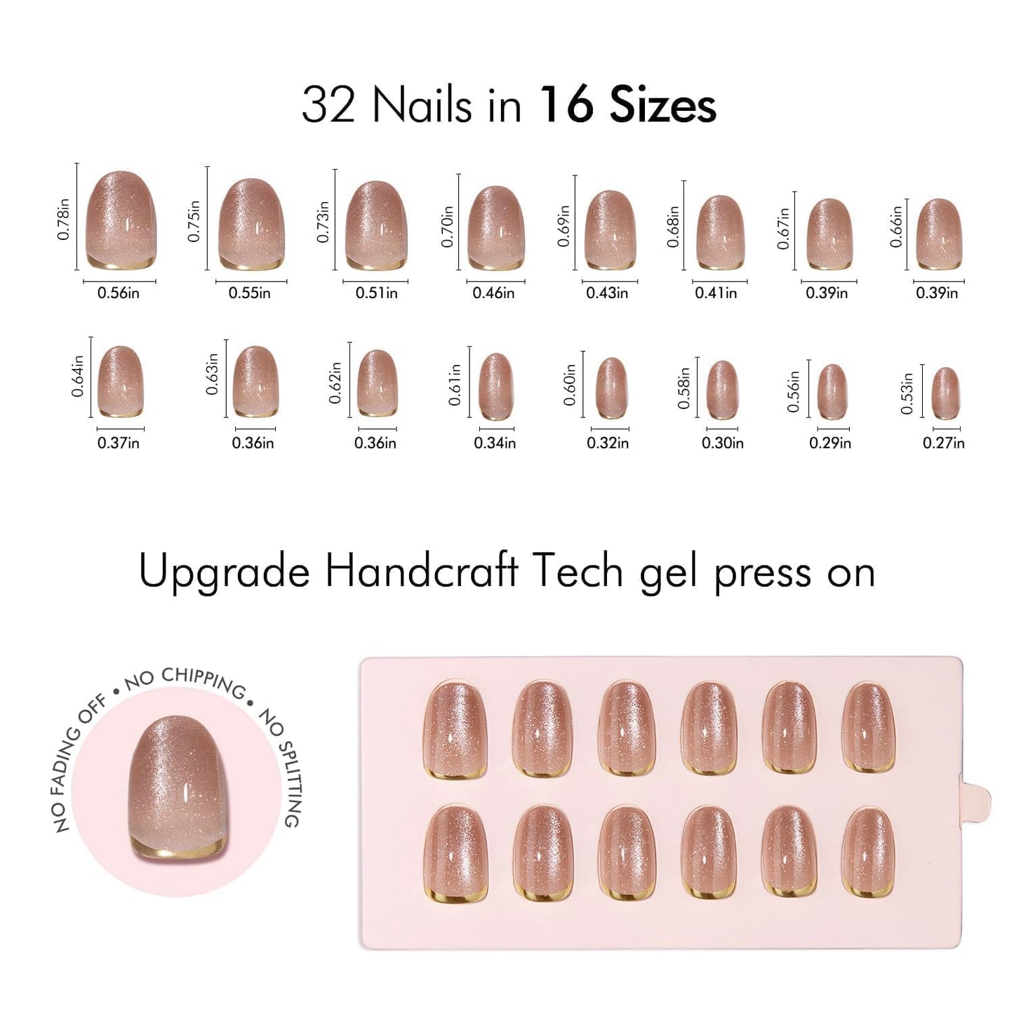 VSALON Oval Short Press On Nails, Gold Foil Finish Cat Eye French Tip