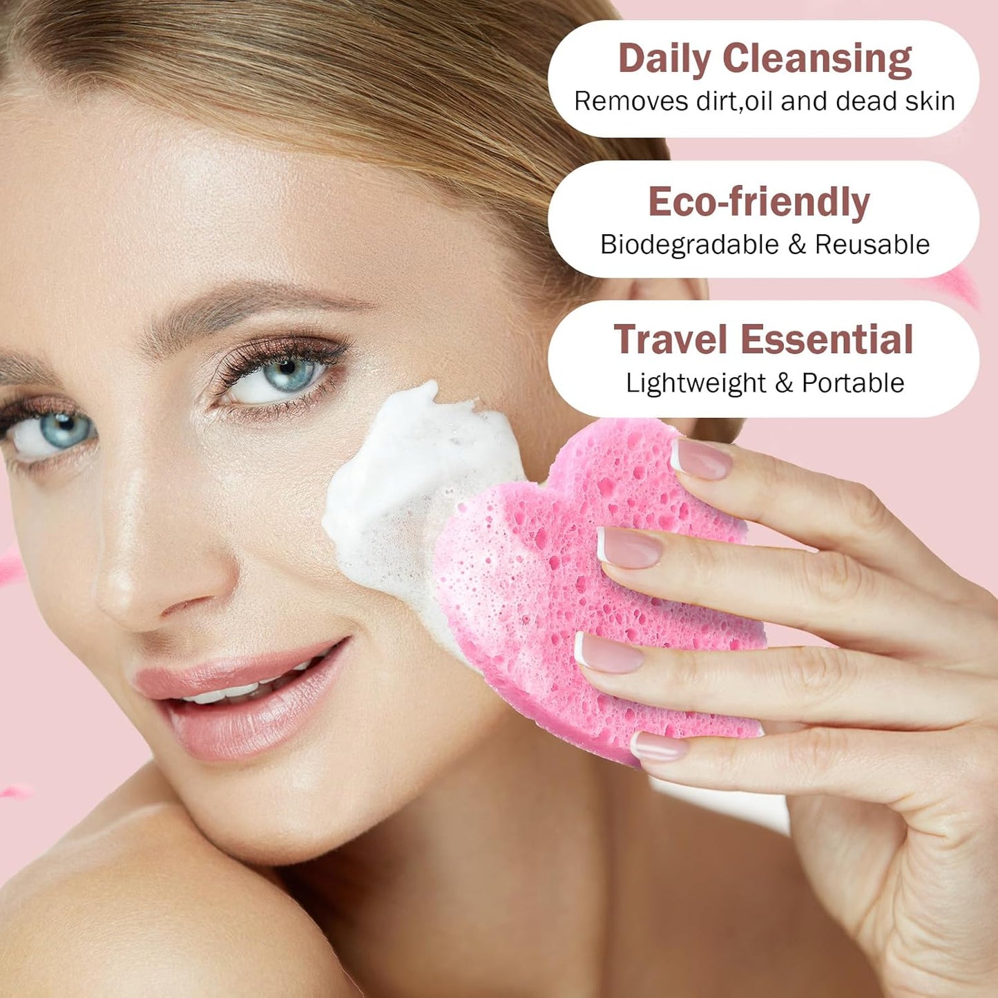 Heart Shape Facial Sponges - 300 Count Compressed Cleansing Pads | Natural Exfoliating for Estheticians (Pink)