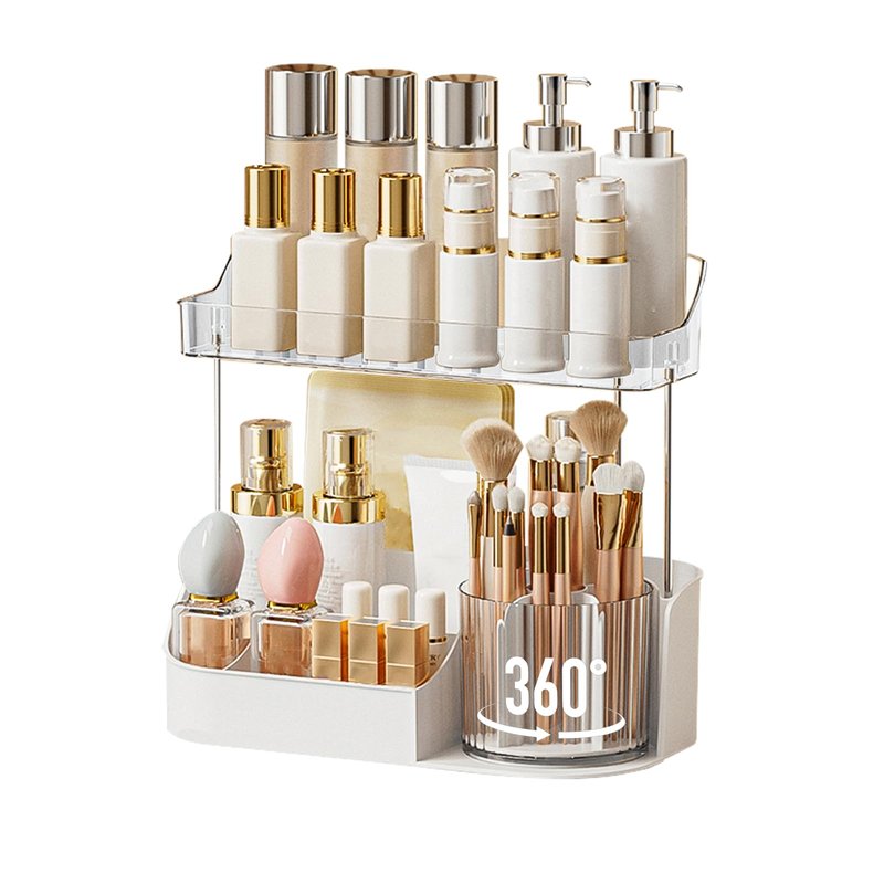 DASITON Large Capacity Makeup Organizer with 360° Rotating Makeup Brush Holder, Perfume and Skincare Storage Organizers for Vanity Bathroom Countertop, Cosmetic Display Case (White, 2 Tier)