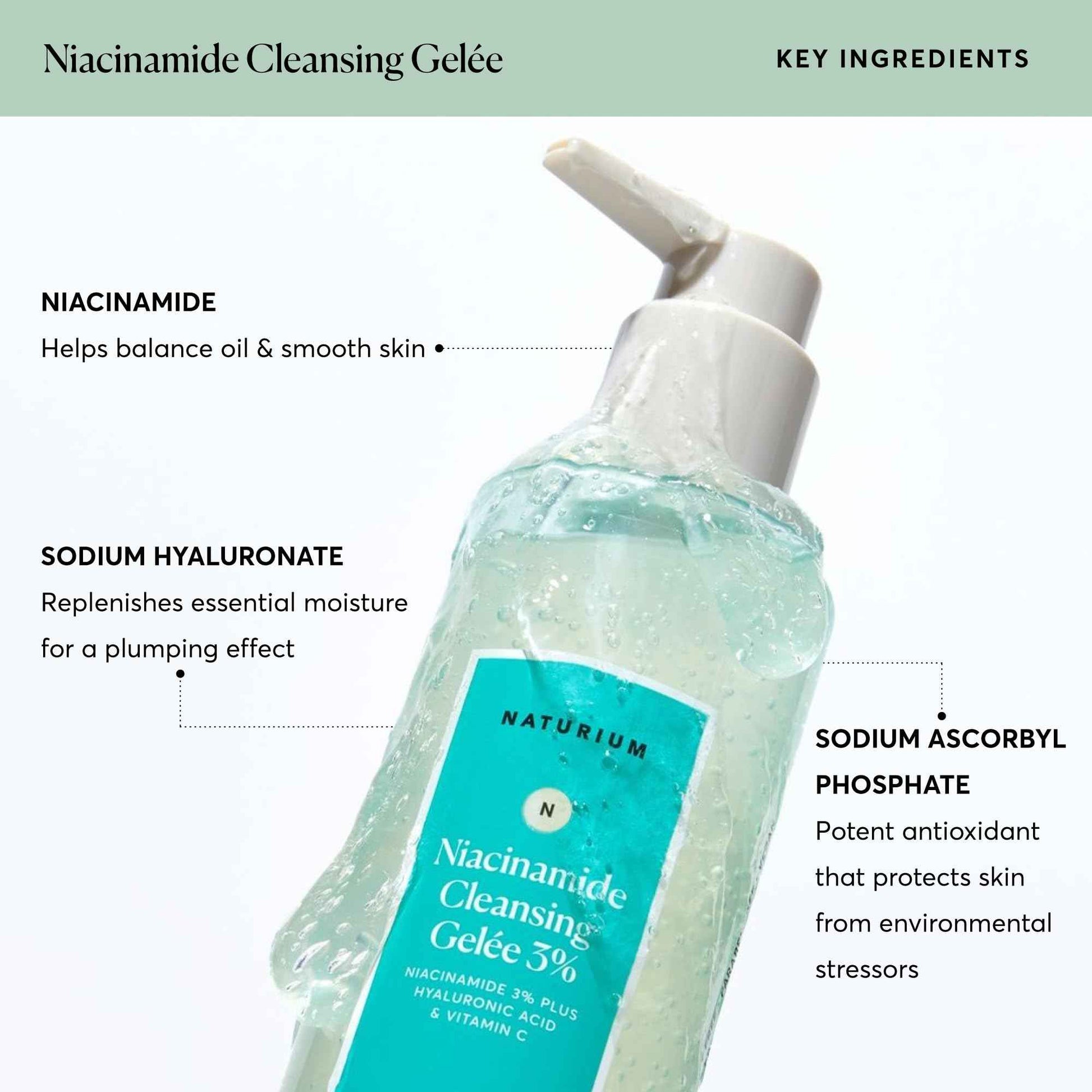 Naturium Niacinamide Cleansing Gelée 3% Plus Hyaluronic Acid & Vitamin C, Gentle & Smoothing Face Wash, 7.1 oz