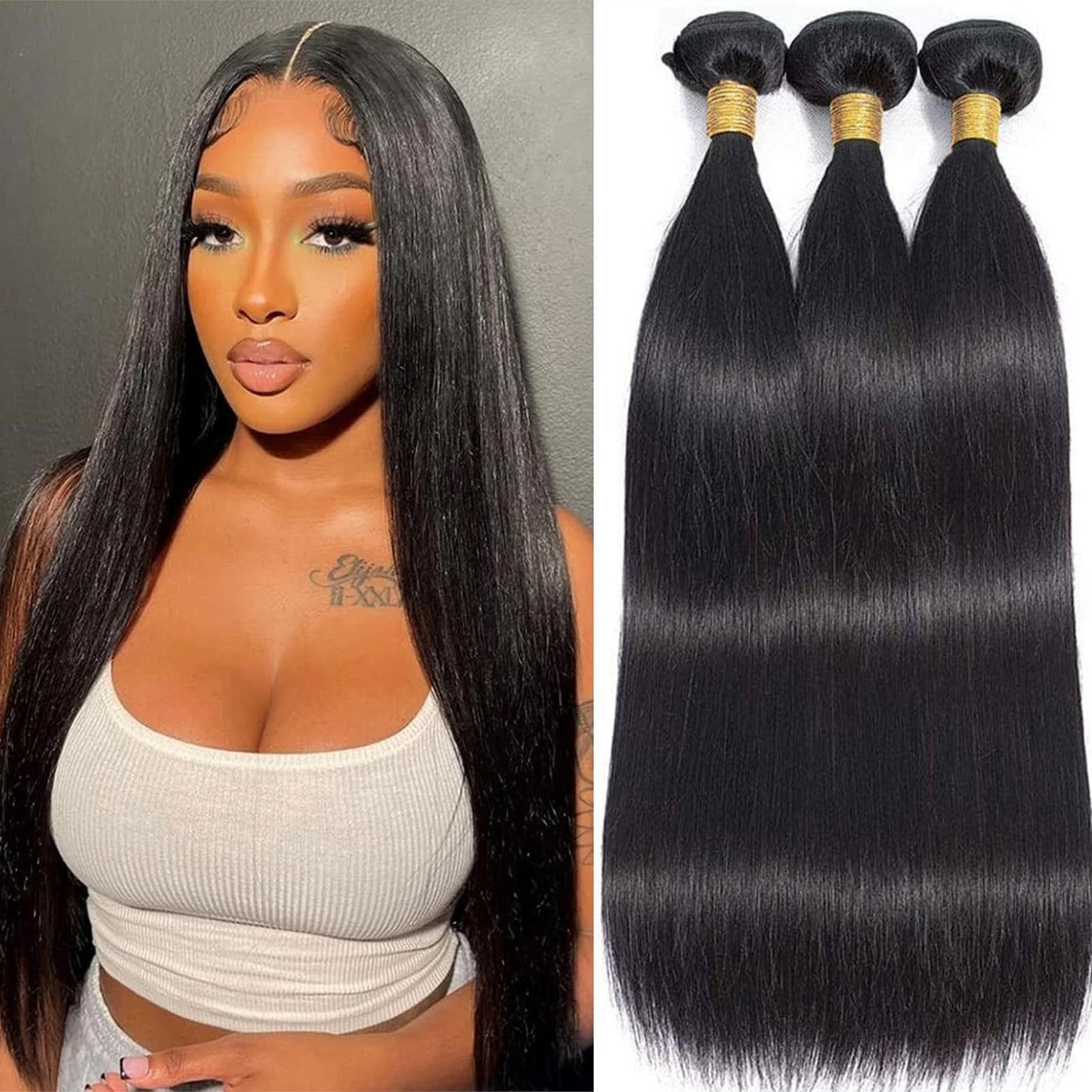 Straight Bundles Human Hair 12 14 16 Inch 100% Unprocessed Brazilian Virgin Hair 3 Bundles Human Hair Trippy Hair Bundle Extension for Black Women Natural Color