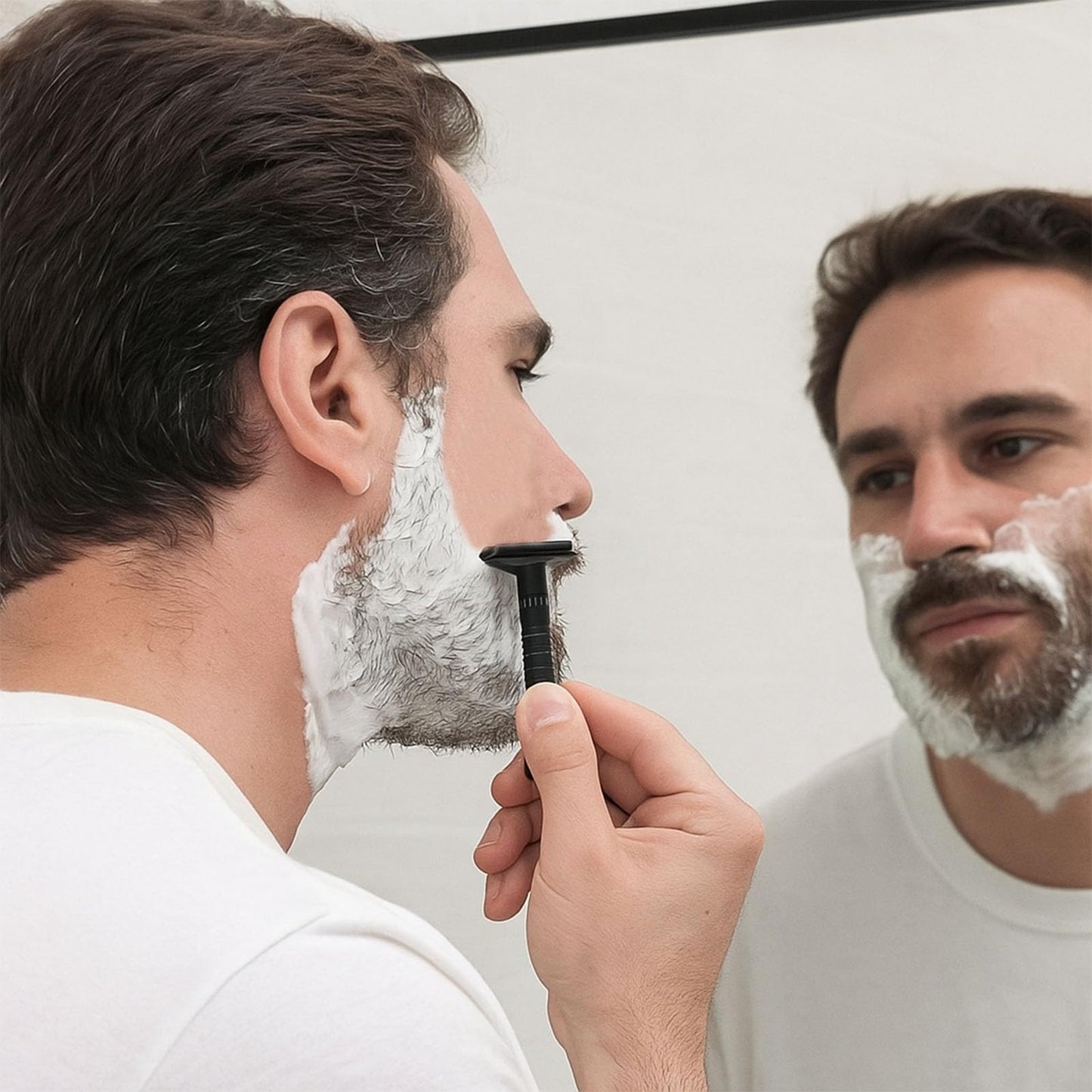 6-speed adjustable dual-blade safety razor with 10 platinum-coated stainless steel blades. Includes optional stand. Comes with complimentary travel pouch. (Black + base + holster)