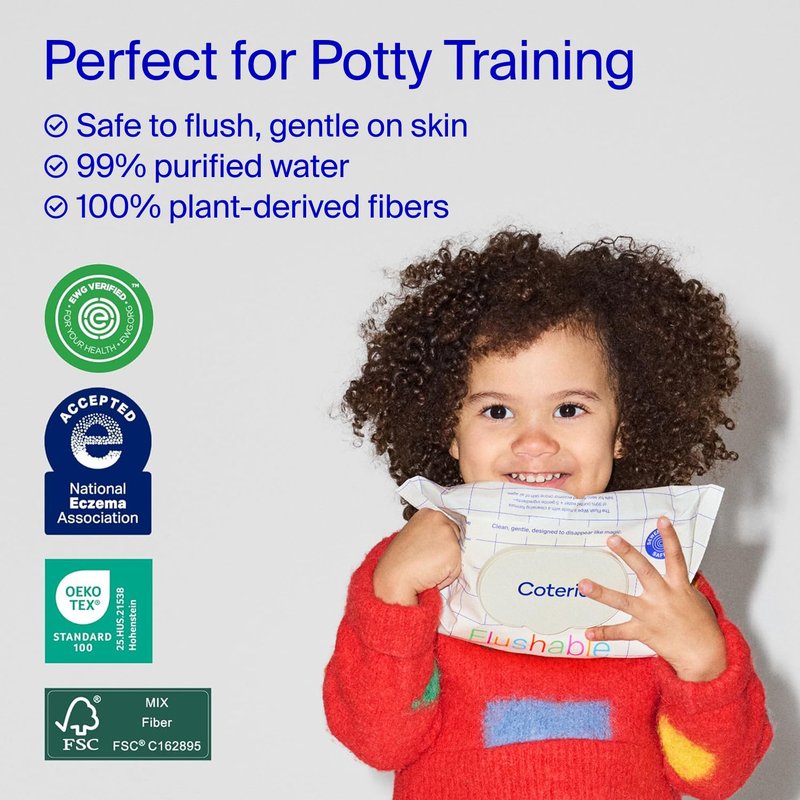 Coterie Flushable Wipes for Toddlers, Designed for Potty Training, Safe for Sensitive Skin, Hypoallergenic, 99% Water, Plant-Based, Fragrance Free, Sewer & Septic Safe, 8 Pack (448 Wipes)