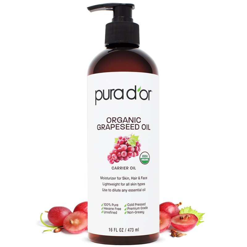 PURA D'OR ORGANIC Grapeseed Oil (16 Oz) 100% Pure & Natural USDA Certified Cold Pressed Carrier Oil For DIY Beauty - Unscented, Hexane Free Liquid Moisturizer - Face Skin & Hair