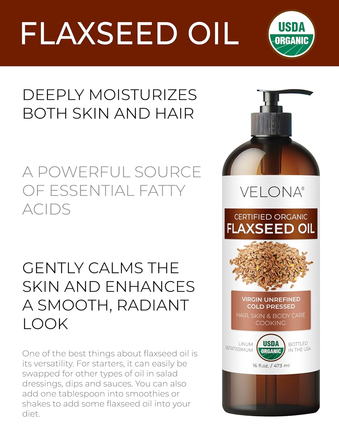 Organic Flaxseed Oil - 32 Fl Oz | 100% Pure Cold Pressed Carrier Oil for Body, Face & Skin Care