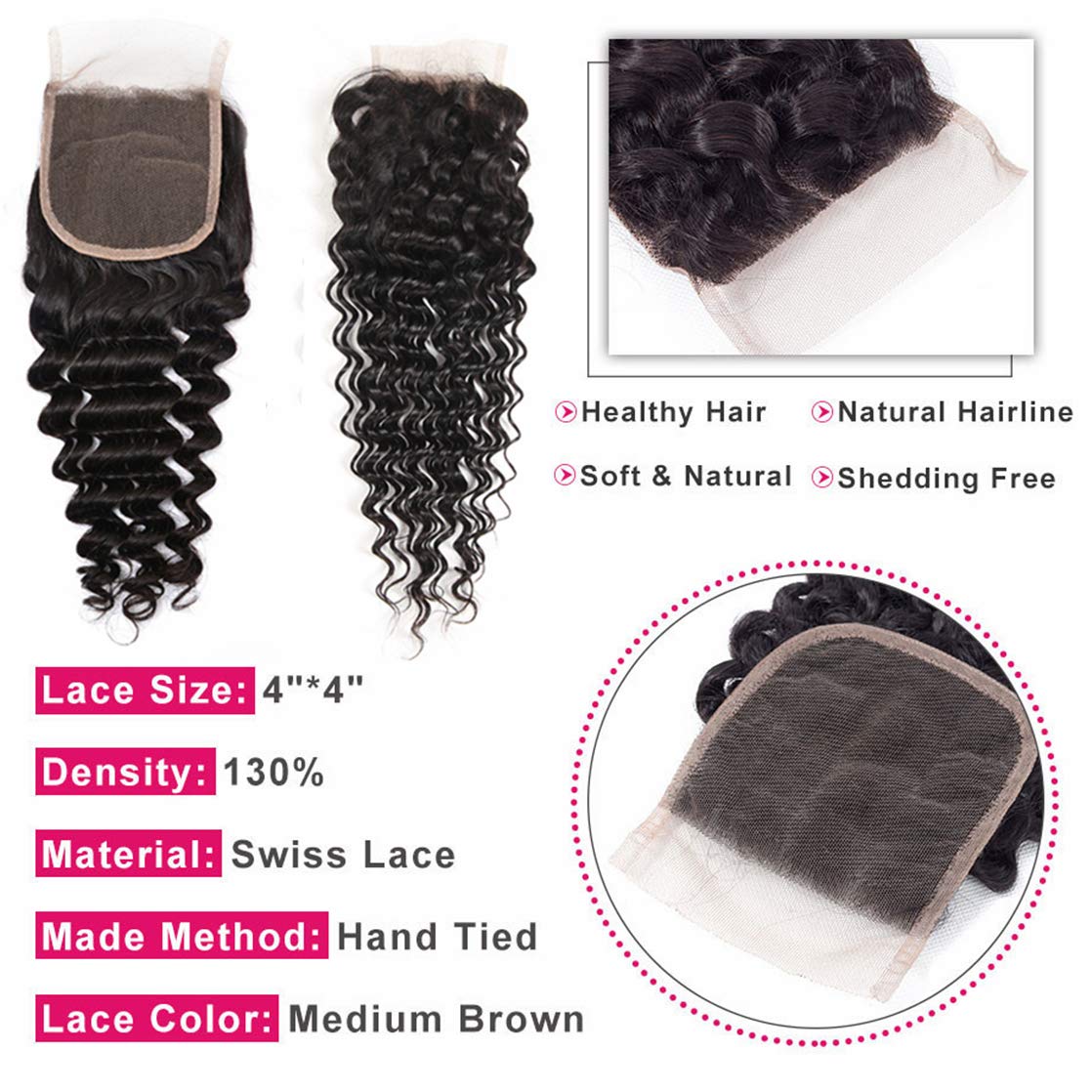 Deep Wave Closure - 4"x4" 150% Brazilian Virgin Human Hair | Soft, Smooth, Bleached Knots, Free Part