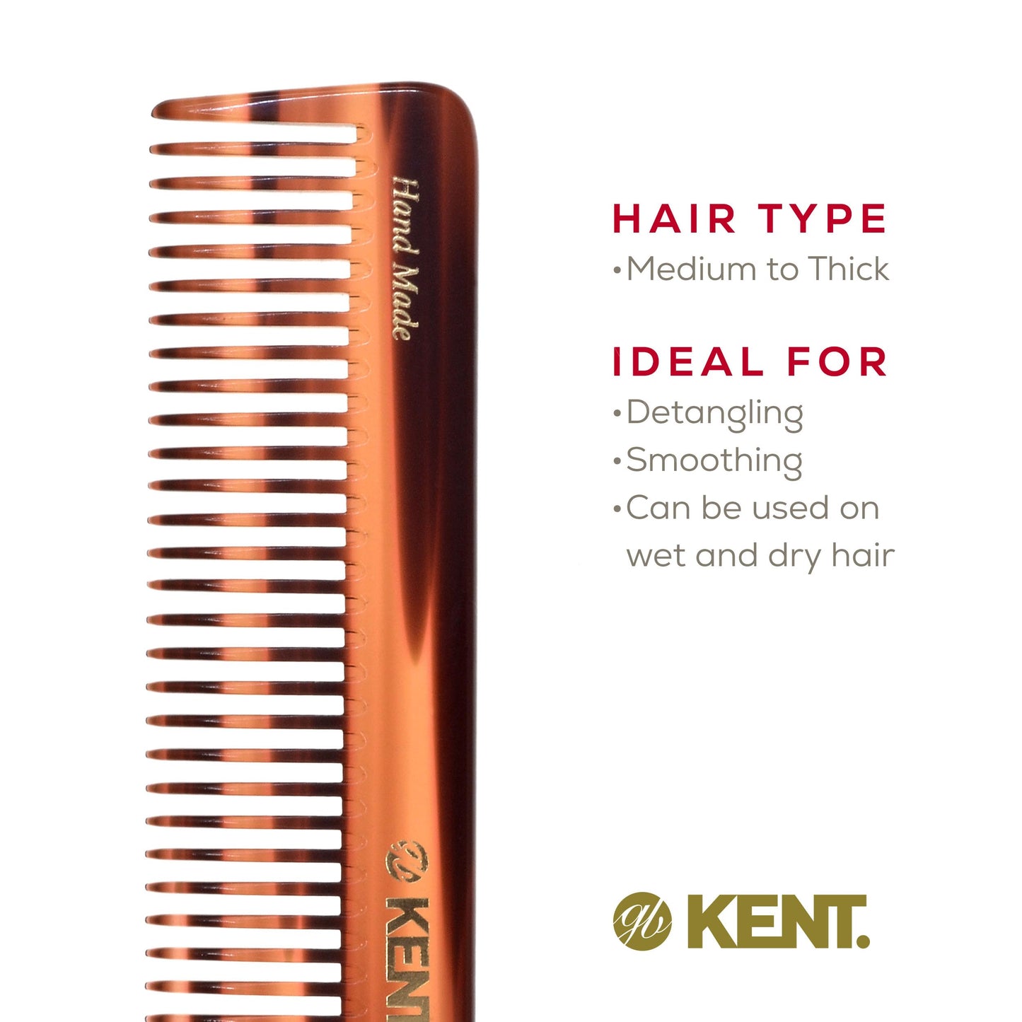 Kent 92T Tortoise Wide Tooth Detangler Combs for Men and Women, Hair Comb for Curly and Wavy Hair and Wet or Dry, Large Wide Tooth Dressing Comb, Handmade, Saw-Cut, Hand polished, Made in England