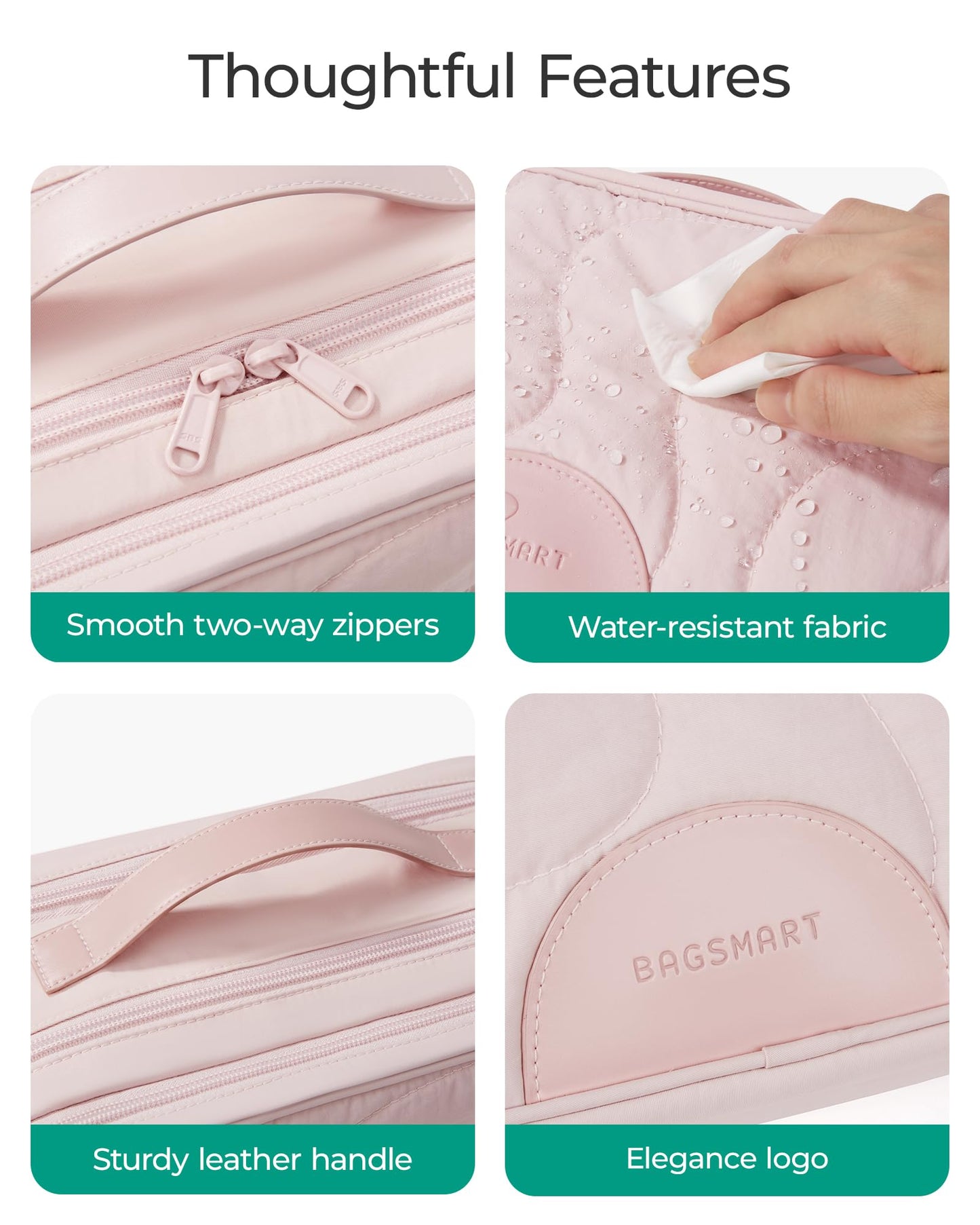 BAGSMART Travel Makeup Bag, Large Capacity Cosmetic Bags for Women, Toiletry Bag with Handle, Water-resistant Make Up Bag Travel Organizer for Accessories, Full-size Container, Toiletries, Pink