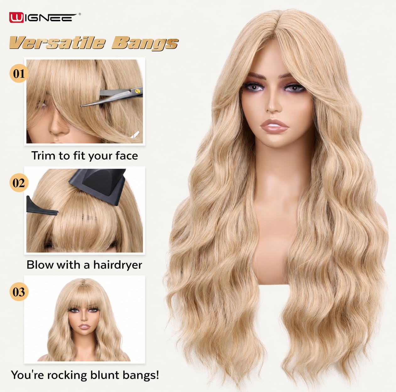 WIGNEE Lightweight Long Wavy Wig with Curtain Bangs for Women – Natural Looking Blonde Synthetic Wig for Daily Wear, Beginner Friendly Heat Resistant Fashion WigGlueless Wear and Go
