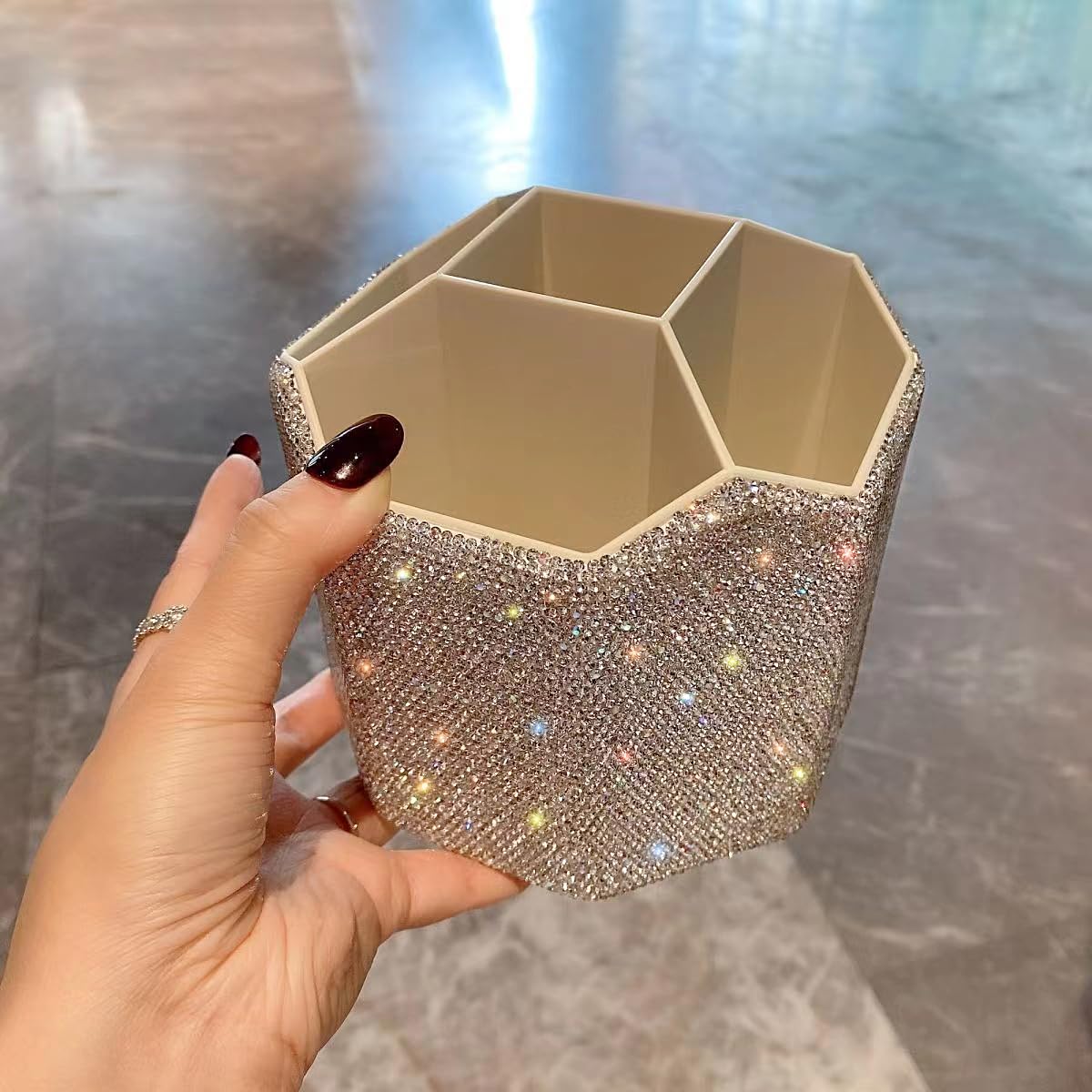 GUFONKOD Bling Design Makeup Brush Holder Organizer,360° Rotating Glitter Rhinestones Cosmetics Storage with 5 Slot Large Capacity Makeup Brushes Cup Pen Holder for Vanity,Bathroom Countertops