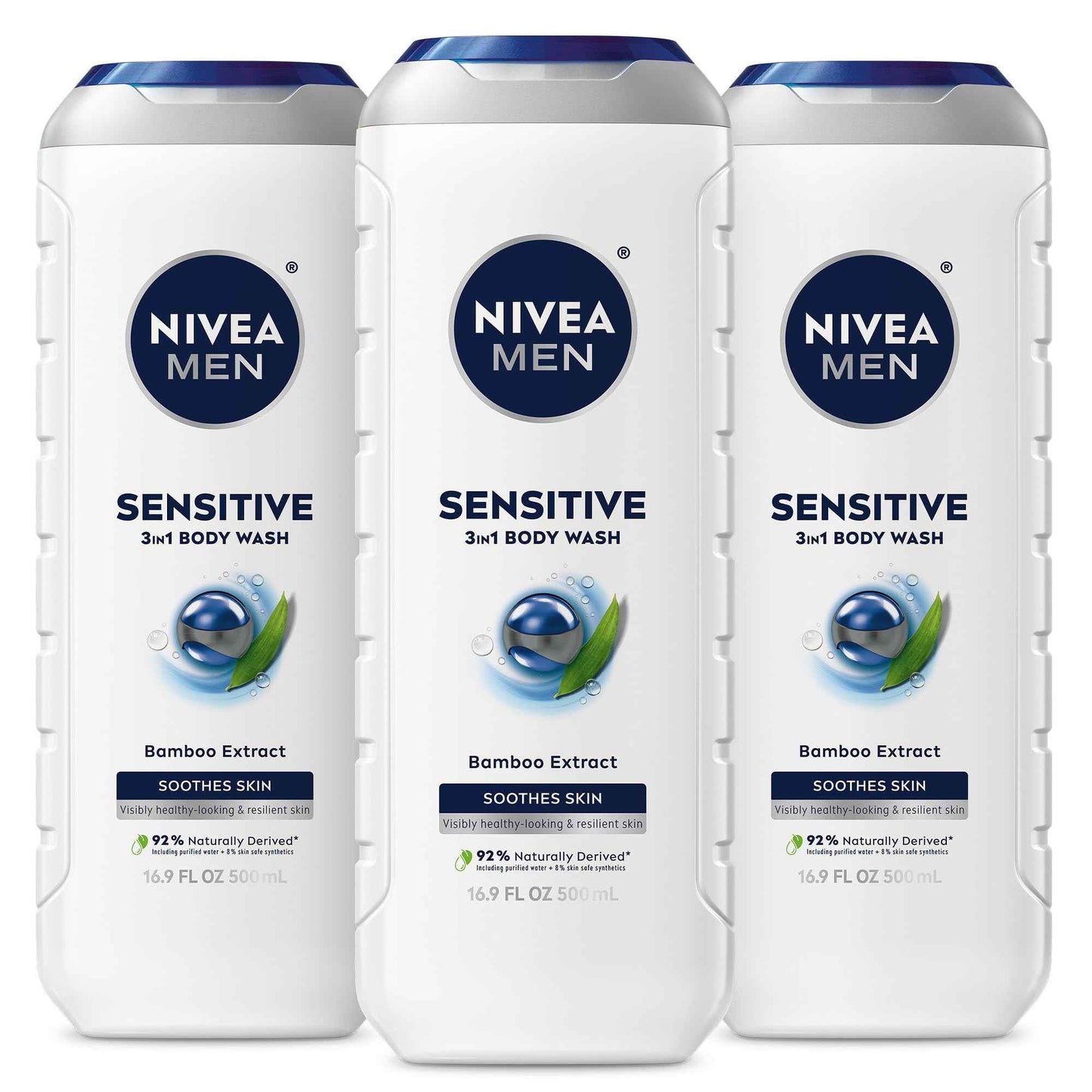 NIVEA MEN Sensitive Body Wash with Bamboo Extract, Moisturizing Body Wash for Sensitive Skin, Soap Free Shower Gel for Men with No Drying Alcohol, 16.9 Fl Oz Bottle, Pack of 3