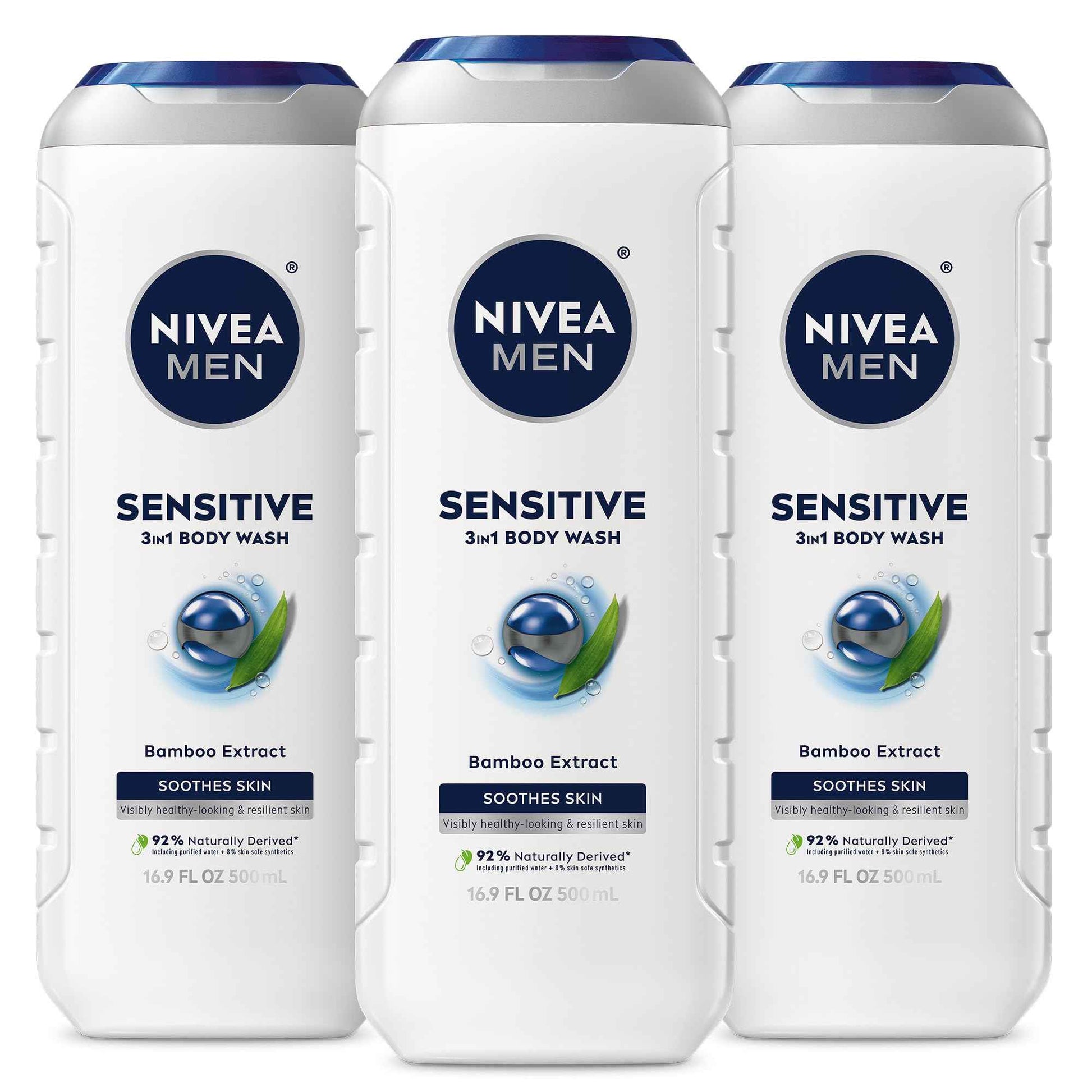 NIVEA MEN Sensitive Body Wash with Bamboo Extract, Moisturizing Body Wash for Sensitive Skin, Soap Free Shower Gel for Men with No Drying Alcohol, 16.9 Fl Oz Bottle, Pack of 3
