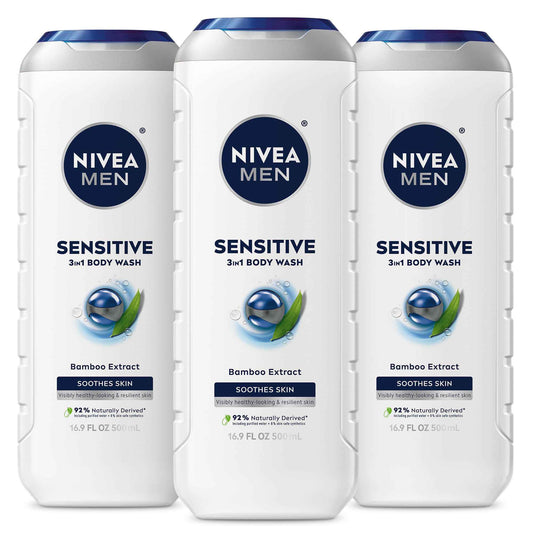 NIVEA MEN Sensitive Body Wash with Bamboo Extract, Moisturizing Body Wash for Sensitive Skin, Soap Free Shower Gel for Men with No Drying Alcohol, 16.9 Fl Oz Bottle, Pack of 3